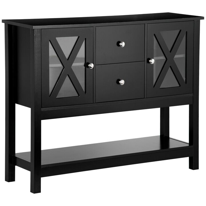 Modern Sideboard Buffet with Glass Door, Buffet Cabinet with Adjustable Shelves, 2 Drawers and Open Shelf for Dining Room, Buffet Table, Black