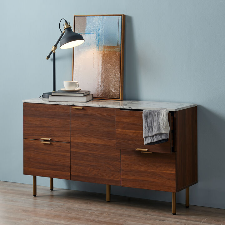 Teamson Home Ashton Rectangular Wood Sideboard with Marble-Look Top and Metal Legs, 
Faux Marble/Walnut