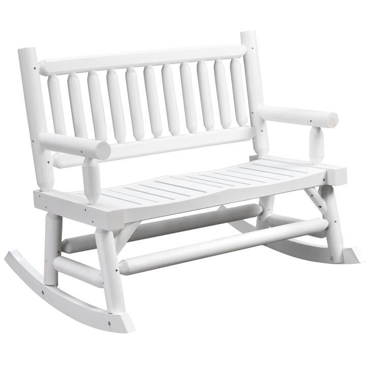2-Person Wood Rocking Chair with Log Design, Heavy Duty Loveseat with Wide Curved Seats for Patio, Backyard, Garden, White