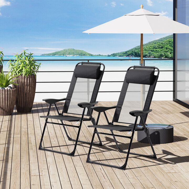 Set of 2 Portable Folding Recliner Outdoor Patio Chaise Lounge Chair with Adjustable Backrest, Black