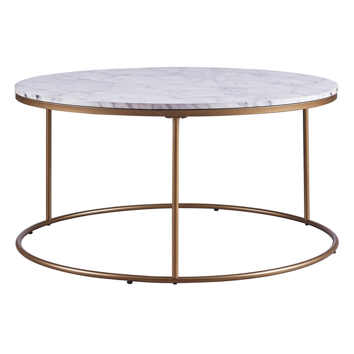 Teamson Home Marmo Modern Marble-Look Round Coffee Table, Faux Marble/Brass