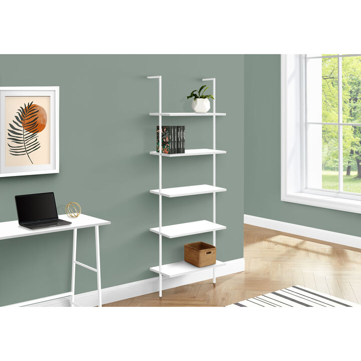 Monarch Specialties I 3687 Bookshelf, Bookcase, Etagere, Ladder, 5 Tier, 72"H, Office, Bedroom, Metal, Laminate, White, Contemporary, Modern