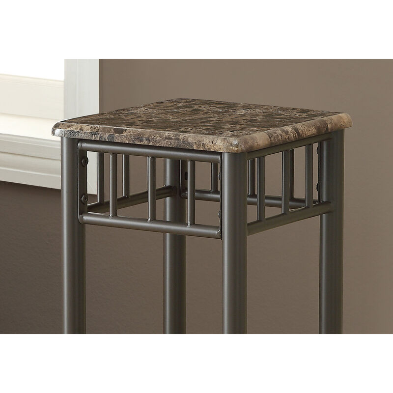 Monarch Specialties I 3044 Accent Table, Side, End, Plant Stand, Square, Living Room, Bedroom, Metal, Laminate, Brown Marble Look, Transitional
