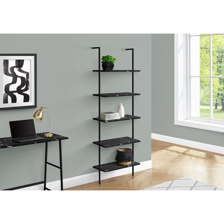 Monarch Specialties I 3684 Bookshelf, Bookcase, Etagere, Ladder, 5 Tier, 72"H, Office, Bedroom, Metal, Laminate, Black Marble Look, Black, Contemporary, Modern