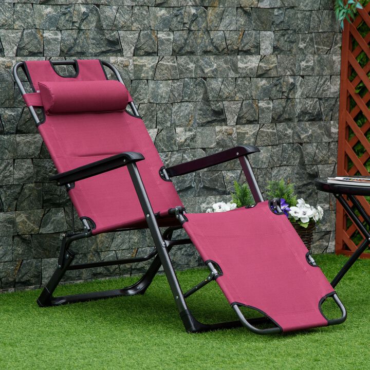 2-in-1 Patio Lounge Chair w/ Pillow, Outdoor Folding Sun Lounger Reclining to 120Â°/180Â°, Oxford Fabric, Red