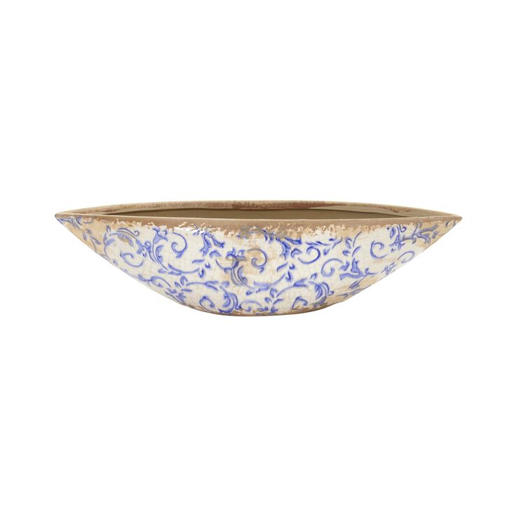 Nearly Natural 13-in Tuscan Ceramic Blue Scroll Decorative Bowl