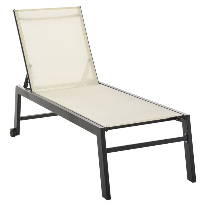 Reclining Chaise Lounge Outdoor Wooden Lounge With Wheels & Adjustable Backrest Bed Lounger White