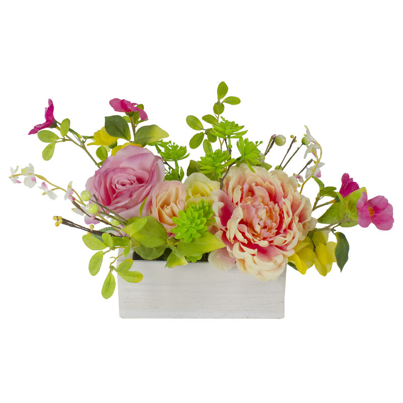 14-Inch Pink and Yellow Artificial Roses and Peony Floral  Arrangement in Planter