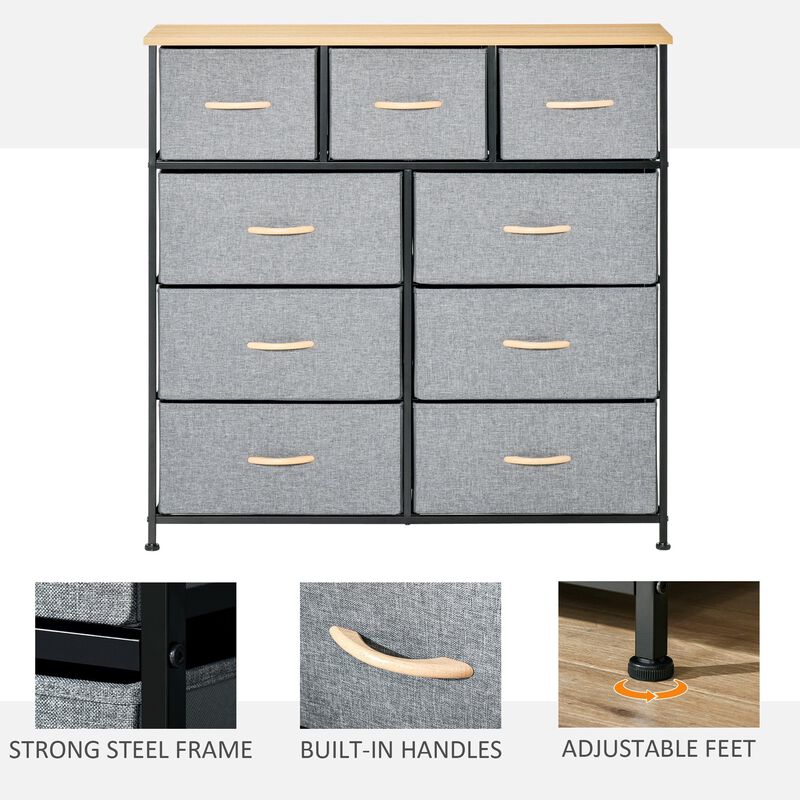 9 Drawers Storage Chest Dresser Organizer Unit w/ Steel Frame, Wood Top, Easy Pull Fabric Bins, for Hallway, Closet, Entryway, Oak & Grey