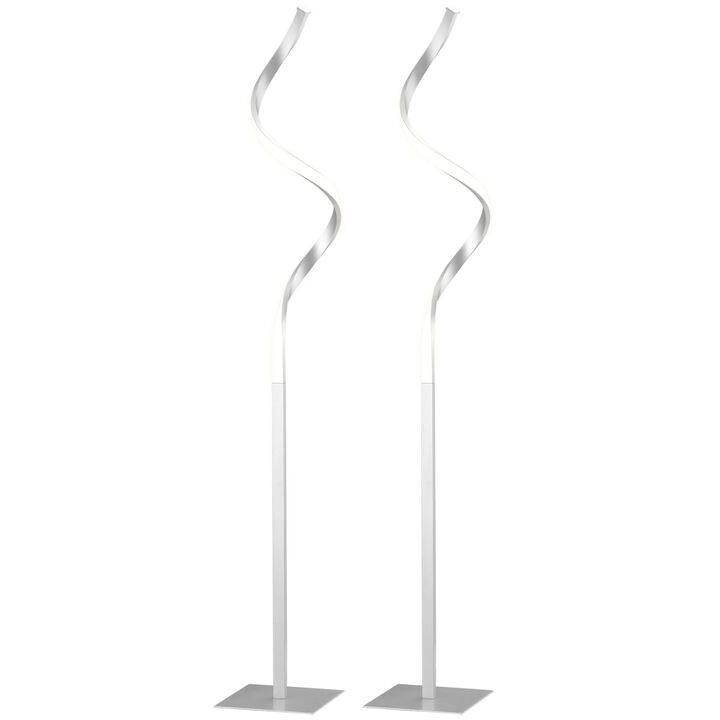 Modern Spiral Floor Lamp, LED Standing Lamp Warm White with Square Base and Foot Switch for Living Room, Bedroom, Set of 2, Silver
