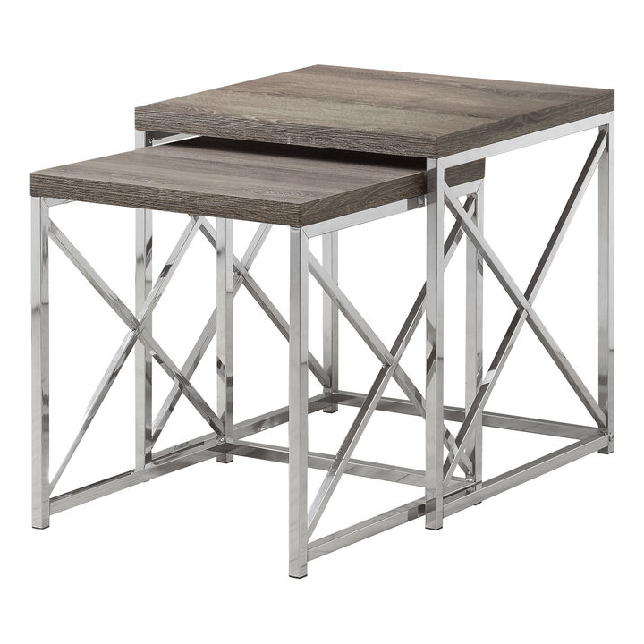 Monarch Specialties I 3255 Nesting Table, Set Of 2, Side, End, Metal, Accent, Living Room, Bedroom, Metal, Laminate, Brown, Chrome, Contemporary, Modern