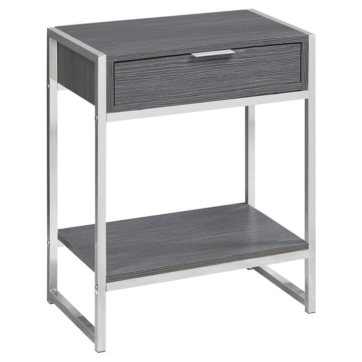 Monarch Specialties I 3484 Accent Table, Side, End, Nightstand, Lamp, Storage Drawer, Living Room, Bedroom, Metal, Laminate, Grey, Chrome, Contemporary, Modern