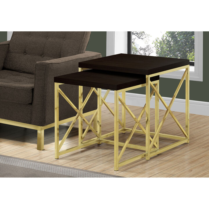 Monarch Specialties I 3237 Nesting Table, Set Of 2, Side, End, Metal, Accent, Living Room, Bedroom, Metal, Laminate, Brown, Gold, Contemporary, Modern