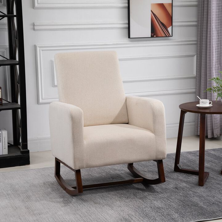 Accent Lounge Rocking Chair with Solid Curved Wood Base and Linen Padded Seat, Cream White