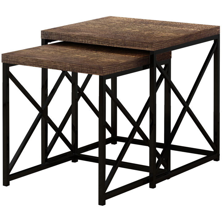 Monarch Specialties I 3413 Nesting Table, Set Of 2, Side, End, Metal, Accent, Living Room, Bedroom, Metal, Laminate, Brown, Black, Contemporary, Modern