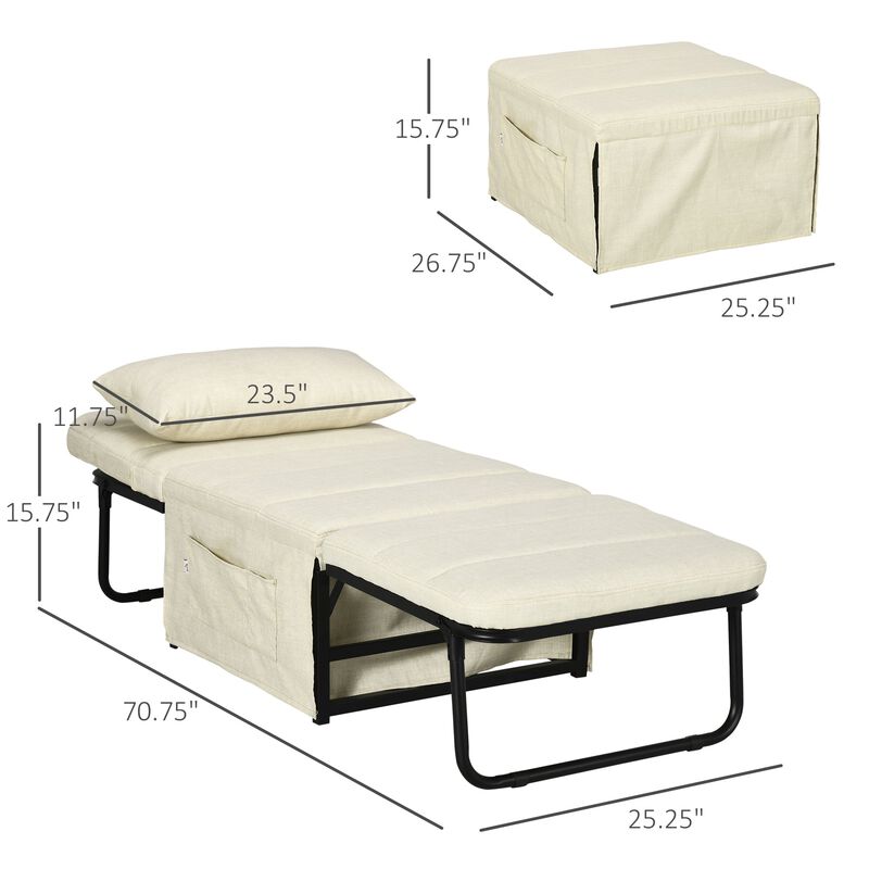 Folding Sofa Bed, 4 in 1 Multi-Function Sleeper Chair Bed Ottoman with Adjustable Backrest, Pillow, Side Pocket for Home Office, Bedroom, Living Room, Cream White