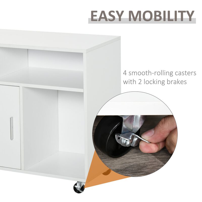 Printer Stand Home Office Mobile Cabinet Organizer Desktop with Caster Wheels, 2 Locking Breaks and Drawer, White