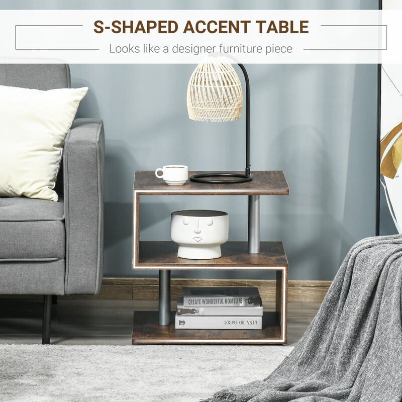 Industrial Vintage Look 3-Tier Side Table  S-Shape Retro End Desk for Living Room Bedroom Dorm Wood Color