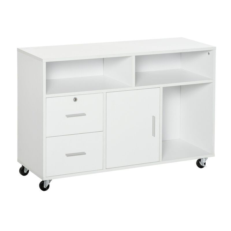 Printer Stand Home Office Mobile Cabinet Organizer Desktop with Caster Wheels, 2 Locking Breaks and Drawer, White