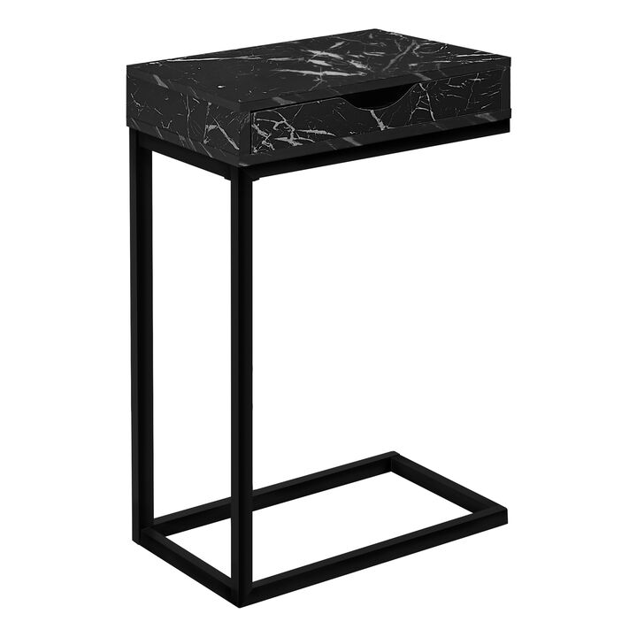 Monarch Specialties I 3604 Accent Table, C-shaped, End, Side, Snack, Storage Drawer, Living Room, Bedroom, Metal, Laminate, Black Marble Look, Contemporary, Modern