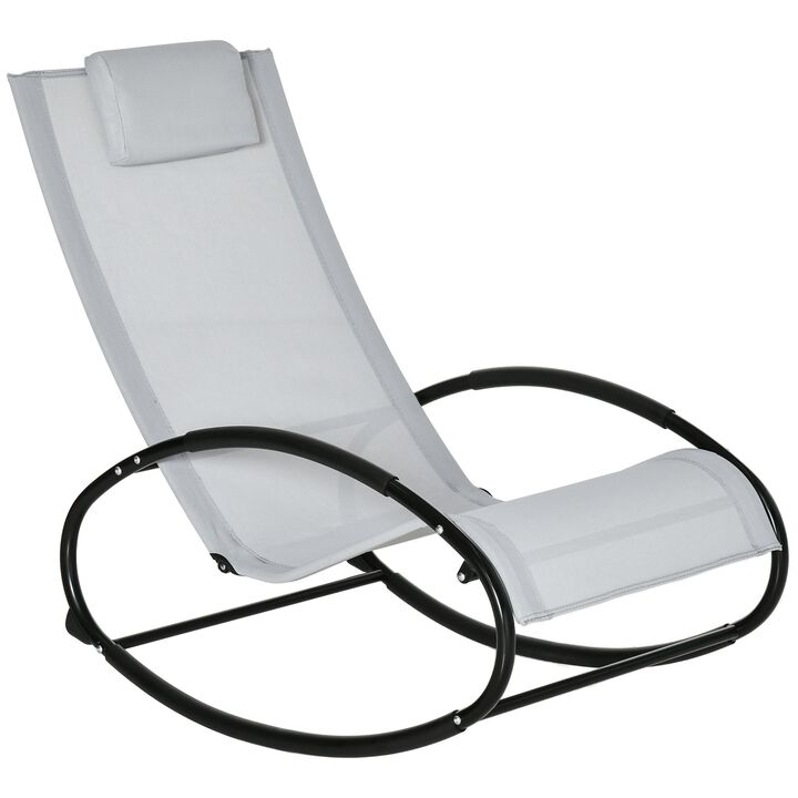 Patio Rocking Chair, Outdoor Chaise Lounger with Headrest Pillow and Breathable Fabric for Backyard, Living Room, Deck and Poolside, Grey