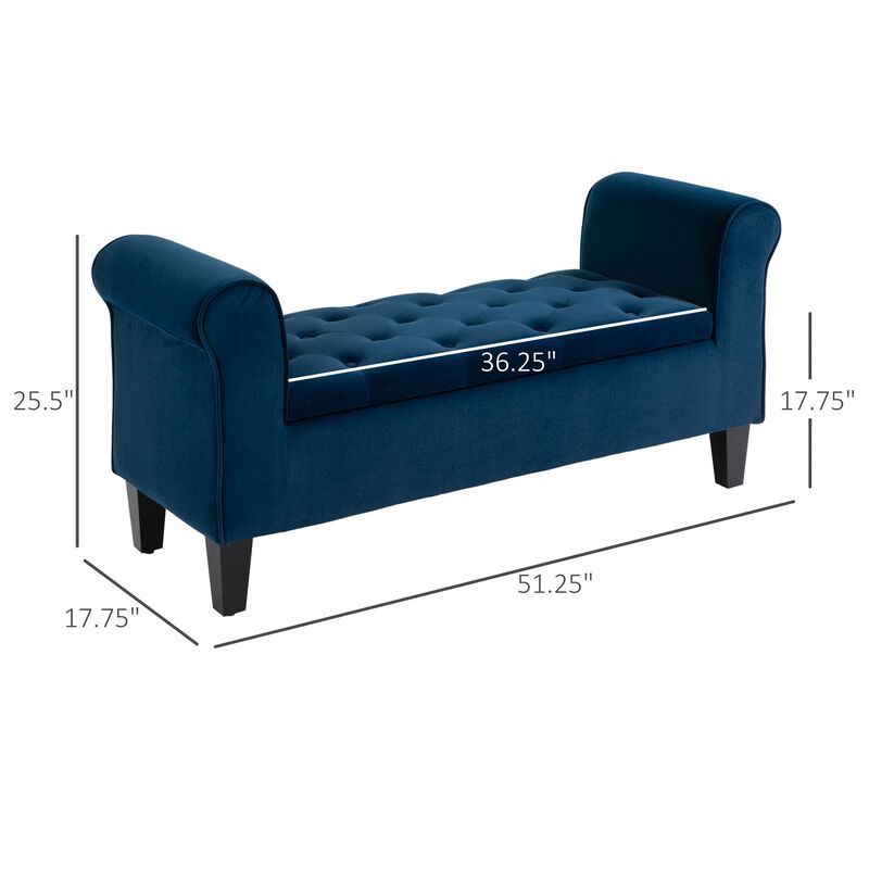 Button-Tufted Storage Ottoman Bench, Upholstered Bed Bench with Rolled Armrests for Bedroom, Living Room or Hallway, Blue