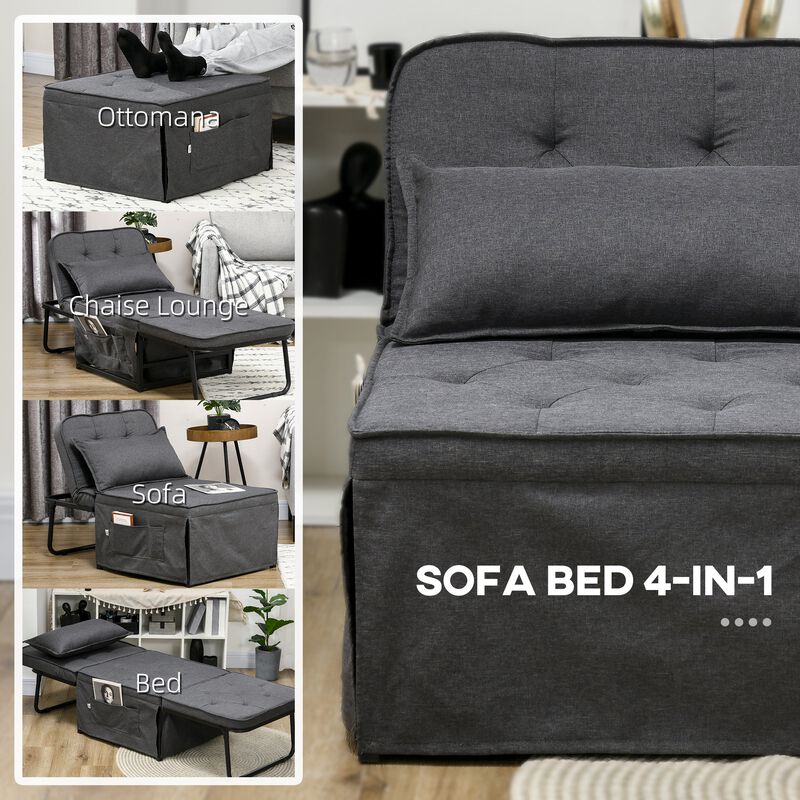 Ottoman Sofa Bed, 4 in 1 Multi-Function Button Tufted Folding Sleeper Chair Bed with Adjustable Backrest, Pillow, Side Pocket for Home Office, Bedroom, Living Room, Charcoal Gray