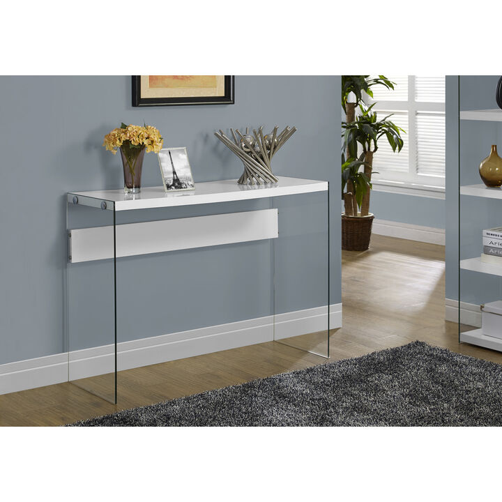 Monarch Specialties I 3288 Accent Table, Console, Entryway, Narrow, Sofa, Living Room, Bedroom, Tempered Glass, Laminate, Glossy White, Clear, Contemporary, Modern
