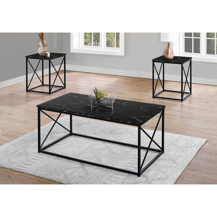Monarch Specialties I 7954P Table Set, 3pcs Set, Coffee, End, Side, Accent, Living Room, Metal, Laminate, Black Marble Look, Contemporary, Modern