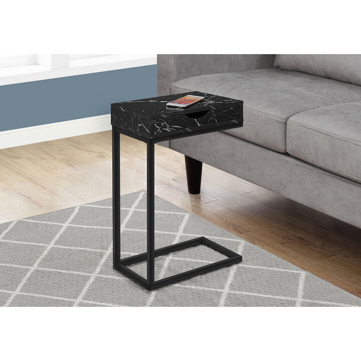 Monarch Specialties I 3604 Accent Table, C-shaped, End, Side, Snack, Storage Drawer, Living Room, Bedroom, Metal, Laminate, Black Marble Look, Contemporary, Modern