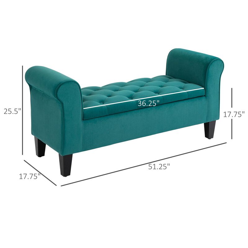 Button-Tufted Storage Ottoman Bench, Upholstered Bed Bench with Rolled Armrests for Bedroom, Living Room or Hallway, Green