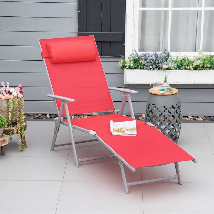 Outdoor Folding Chaise Lounge Chair, Portable Lightweight Reclining Sun Lounger with 7-Position Adjustable Backrest & Pillow for Patio, Red