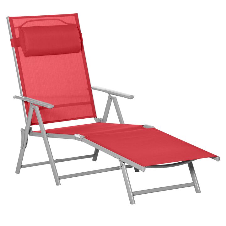 Outdoor Folding Chaise Lounge Chair, Portable Lightweight Reclining Sun Lounger with 7-Position Adjustable Backrest & Pillow for Patio, Red