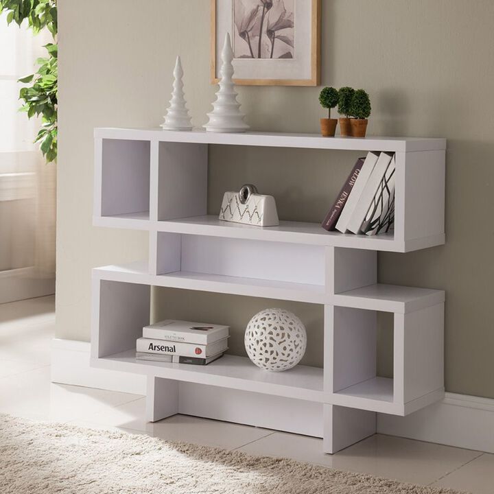 White 2-Tier Display Cabinet / Bookcase with 4 Abstract Shelves