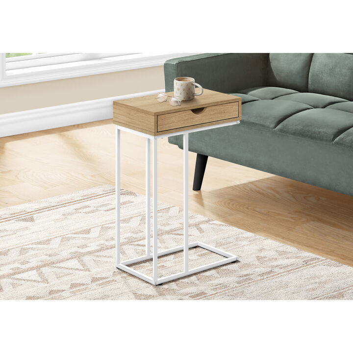 Monarch Specialties I 3775 Accent Table, C-shaped, End, Side, Snack, Storage Drawer, Living Room, Bedroom, Metal, Laminate, Natural, White, Contemporary, Modern