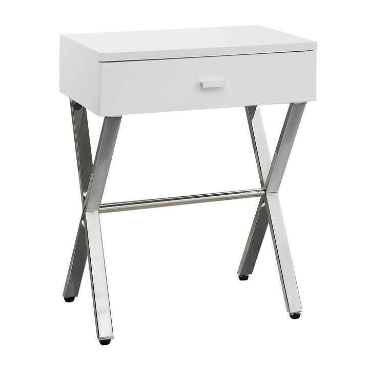 Monarch Specialties I 3262 Accent Table, Side, End, Nightstand, Lamp, Storage Drawer, Living Room, Bedroom, Metal, Laminate, Glossy White, Chrome, Contemporary, Modern