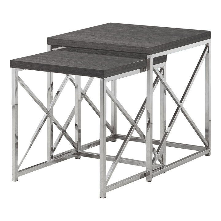 Monarch Specialties I 3226 Nesting Table, Set Of 2, Side, End, Metal, Accent, Living Room, Bedroom, Metal, Laminate, Grey, Chrome, Contemporary, Modern