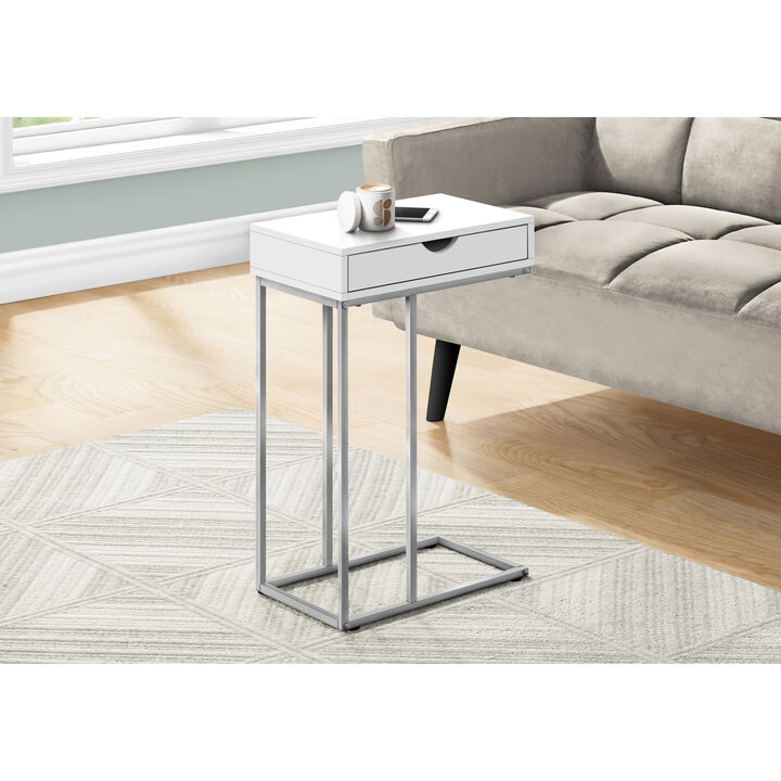 Monarch Specialties I 3774 Accent Table, C-shaped, End, Side, Snack, Storage Drawer, Living Room, Bedroom, Metal, Laminate, White, Grey, Contemporary, Modern