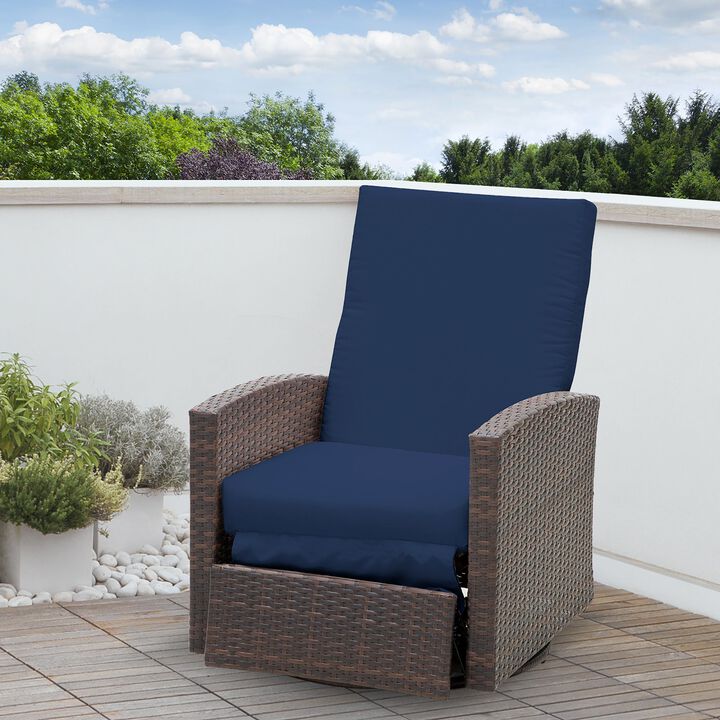 Patio Wicker Recliner Chair with Footrest, Outdoor PE Rattan 360Â°Swivel Chair with Soft Cushion, Lounge Chair for Patio, Dark Blue