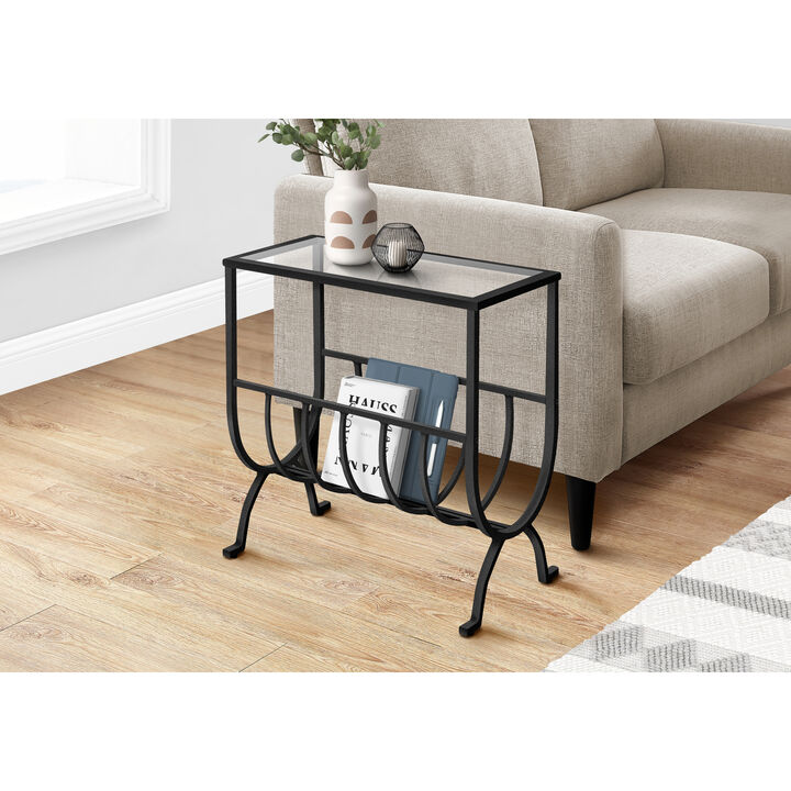 Monarch Specialties I 3308 Accent Table, Side, End, Magazine, Nightstand, Narrow, Living Room, Bedroom, Metal, Tempered Glass, Black, Clear, Transitional
