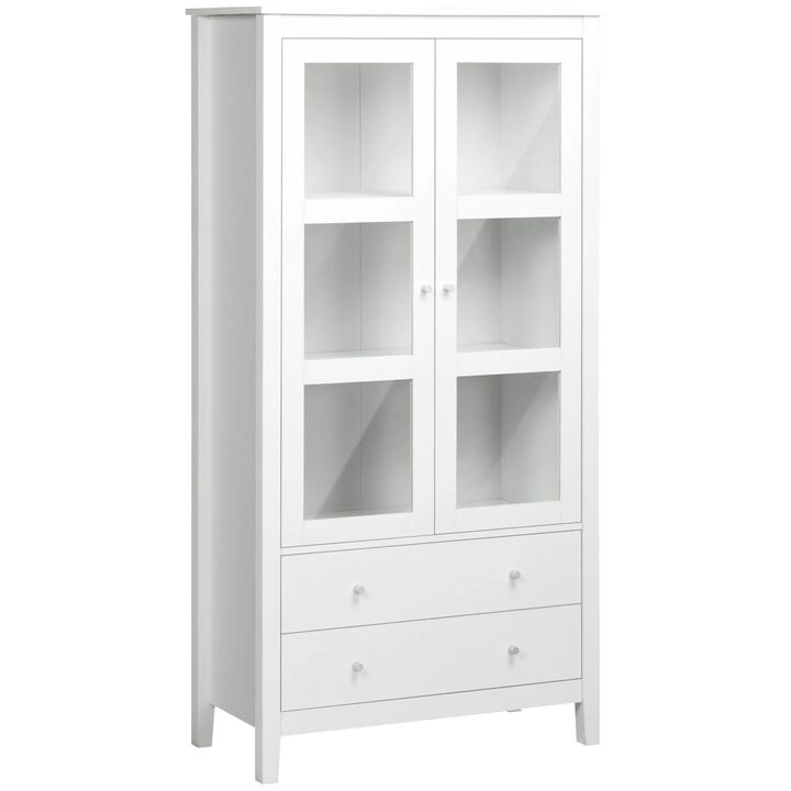 63" Kitchen Pantry, Freestanding Storage Cabinet with 3-Tier Shelves, 2 Drawers, Glass Doors, and Soft Close Hinges for Living Room, Dining Room, White