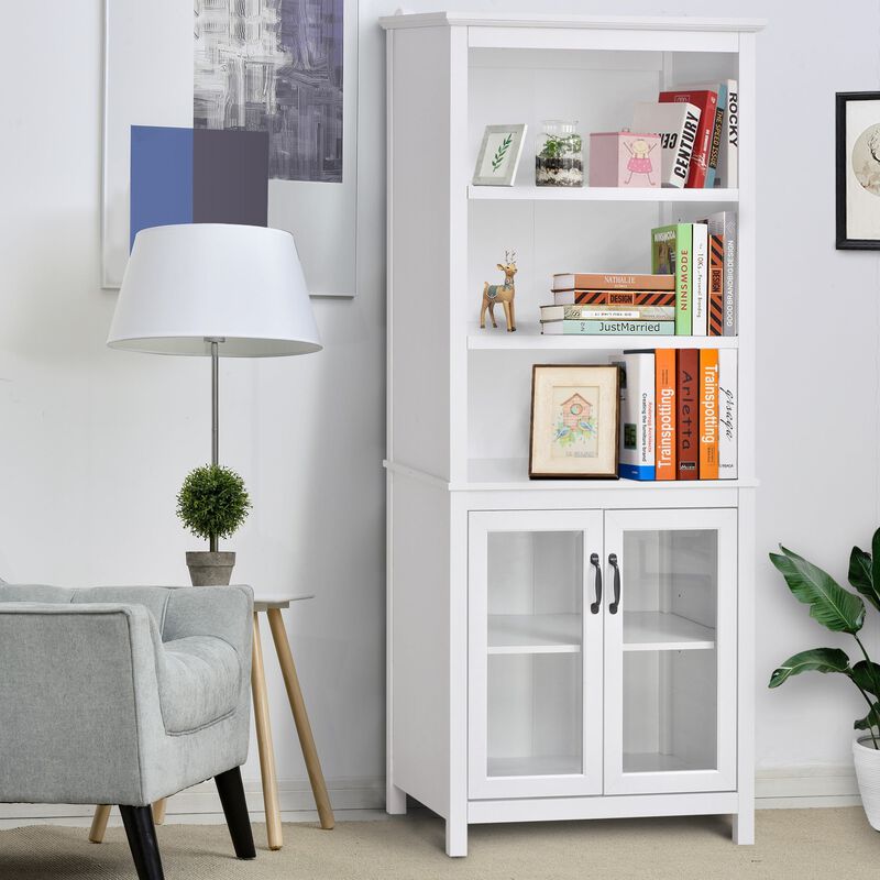 Bookcase, Elegant Bookshelf Cabinet with 3 Open Shelves and Double-Door Cabinet for Home Office, Living Room, Display Cabinet, White