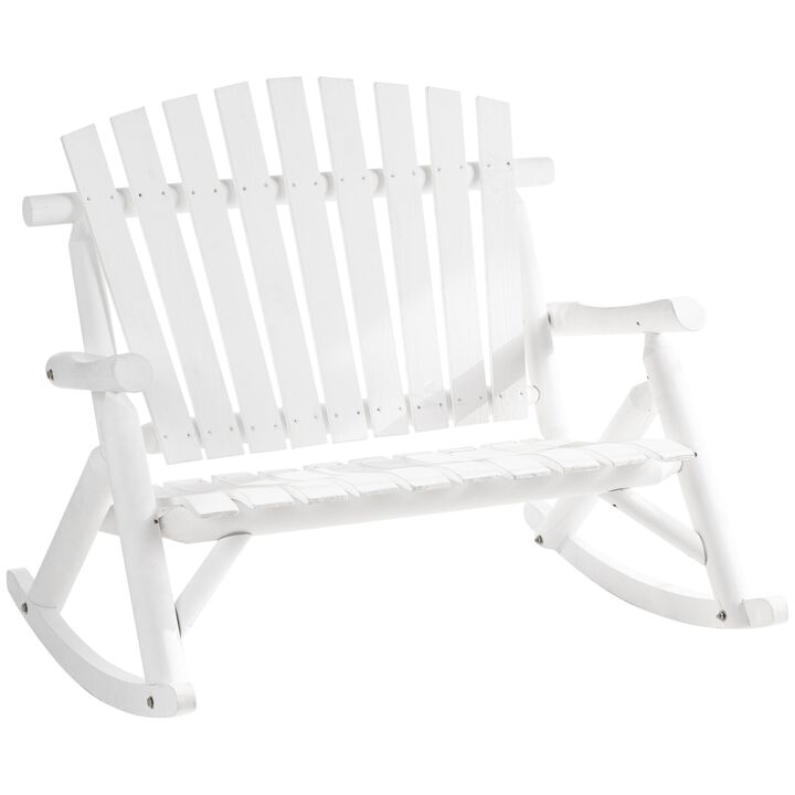 Outdoor Adirondack Rocking Chair with Log Slatted Design, 2-Seat Patio Wooden Rocker Loveseat with High Back for Lawn Backyard Garden, White
