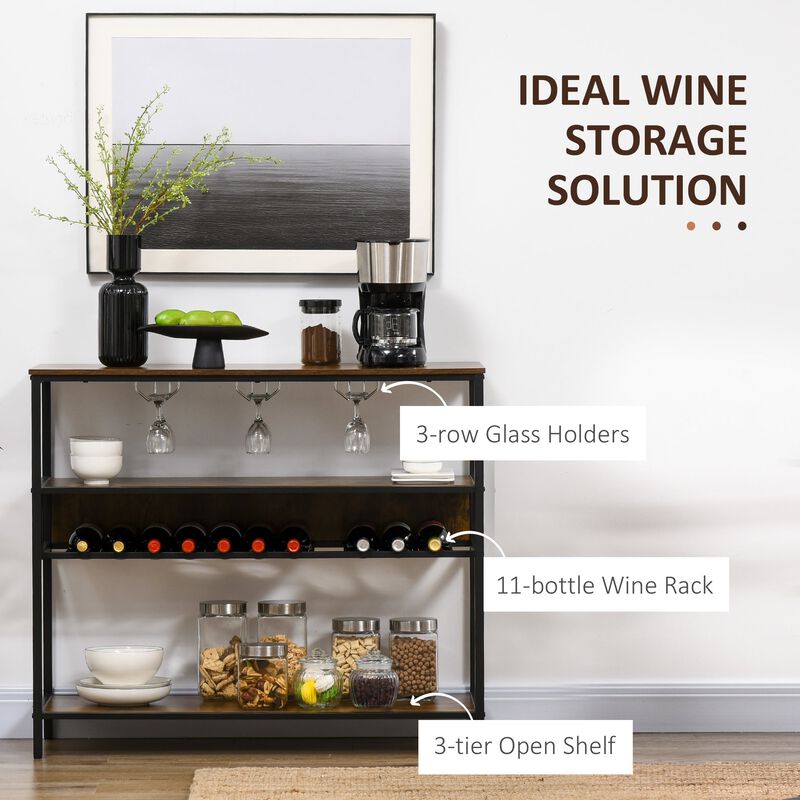 Industrial Wine Rack with 11-Bottles Holder, Free Standing Wine Shelf with Glass Holders for Home Bar, Kitchen, Rustic Brown