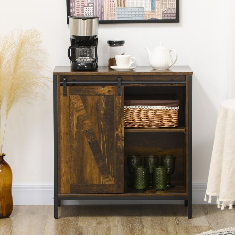 Buffet Cabinet, Farmhouse Sideboard, Bar Cabinet with Adjustable Shelf, Sliding Barn Door for Kitchen, Rustic Brown