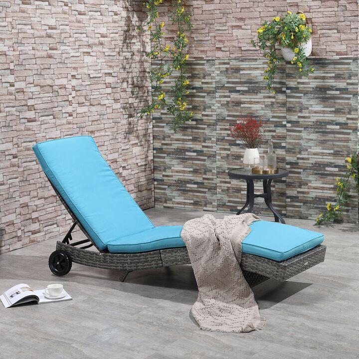 Patio Wicker Cushioned Chaise Lounge Chair, Outdoor PE Rattan Sun lounger w/ 5-Level Adjustable Backrest & Wheels for, Sky Blue