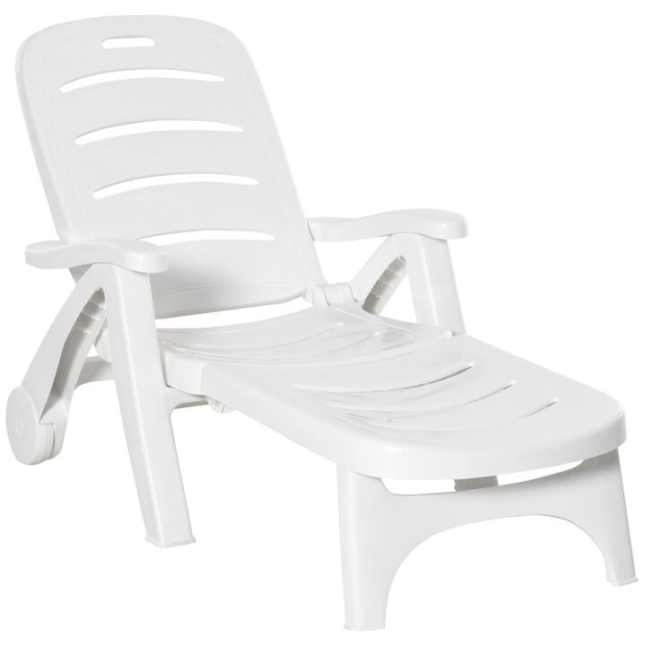Outdoor Folding Chaise Lounge Chair on Wheels, Patio Sun Lounger Recliner & 5-Position Backrest for Garden, Beach, Pool, White