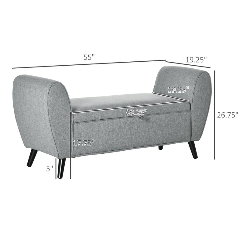Modern Upholstered Storage Bench with Arms, Linen-Feel Fabric Ottoman Bench for Bedroom, Entryway, and Living Room, Light Grey