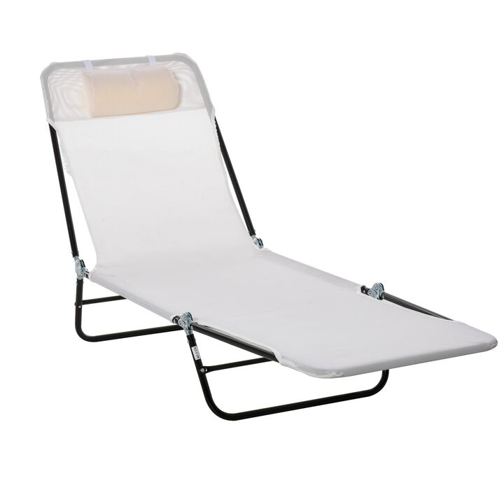 Portable Sun Lounger, Lightweight Folding Chaise Lounge Chair w/ Adjustable Backrest & Pillow for Beach, Poolside and Patio, White & Black