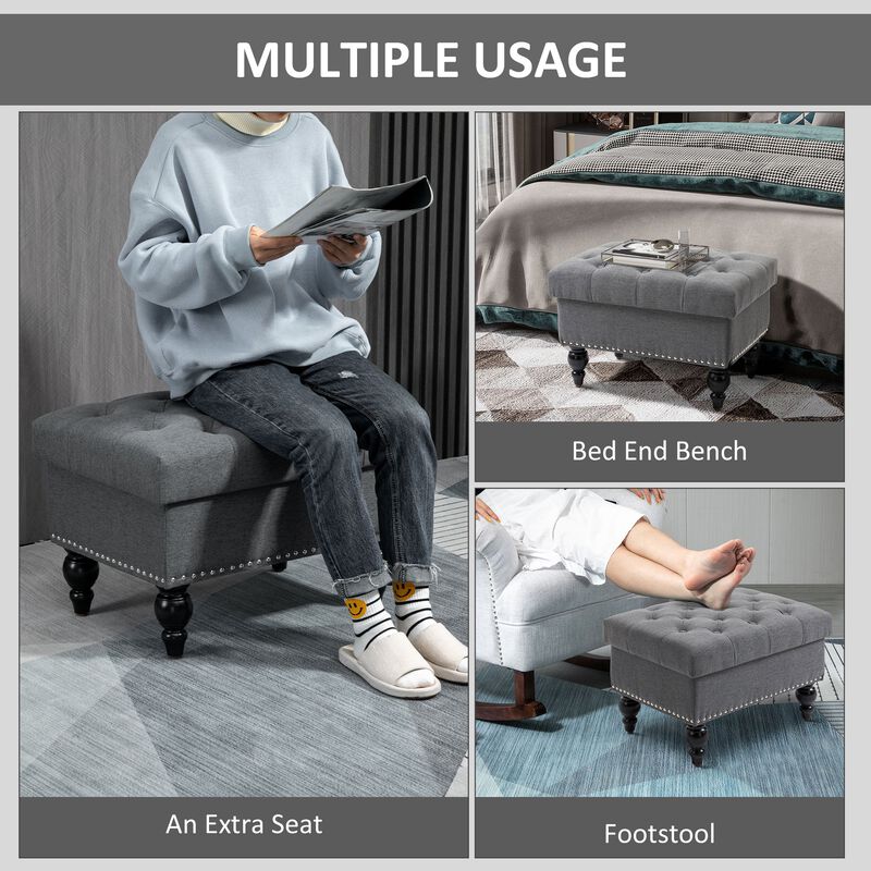 25" Storage Ottoman with Removable Lid, Button-Tufted Fabric Bench for Footrest and Seat with Wood Legs, Grey